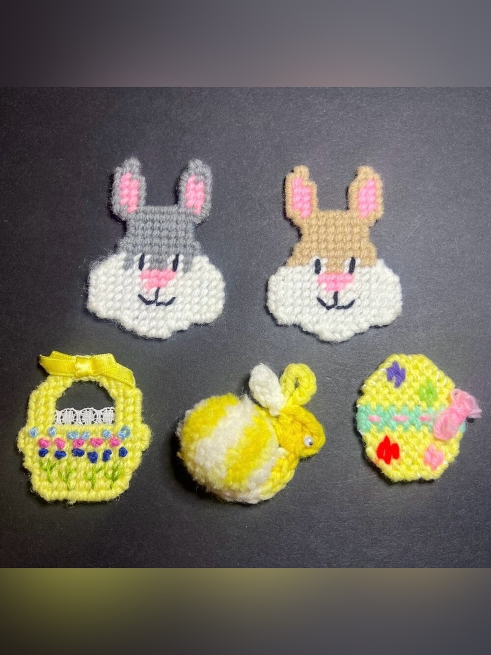 Vintage Lot of 5 Handmade Needlepoint Easter Bunny Rabbit, Basket & Egg Brooches